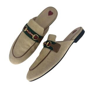 Gucci Canvas Vintage Charlotte Web Princetown Mule Slippers in Sand Cuir